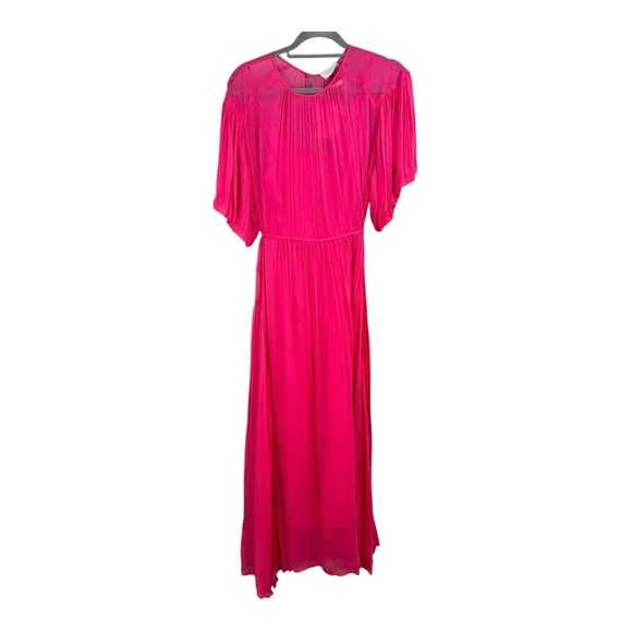 Massimo Dutti Hot Pink Gathered Maxi Dress Puff Sleeves Size Small NWT - Picture 2 of 10